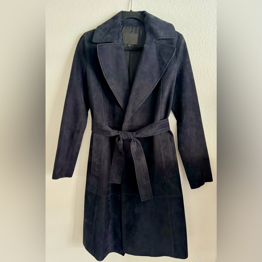 Massimo Dutti Elegant Midnight Blue/Almost Black Women's Suede Leather Coat